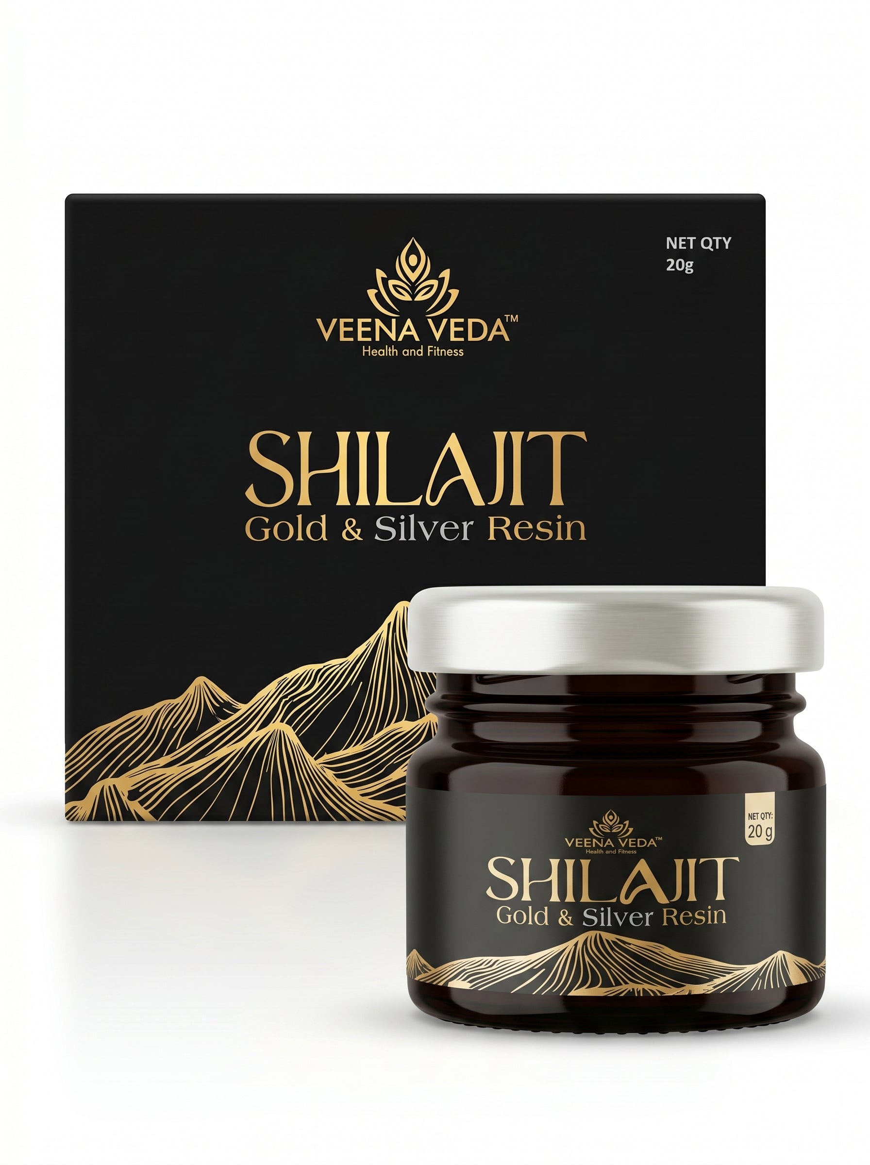 Veena Veda Shilajit Gold & Silver Resin packaging with jar and box on a white background